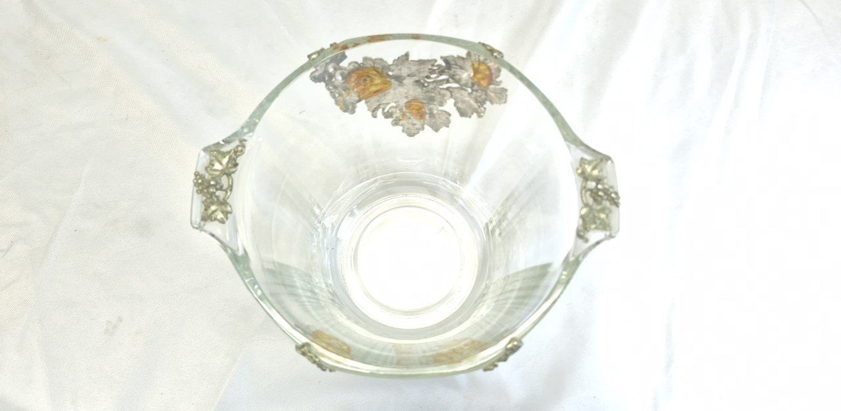 (SOLD) Vintage Arthur Court Grape Vine Glass Ice Bucket Made in France Silver Tone Wine Chiller c. 1990s