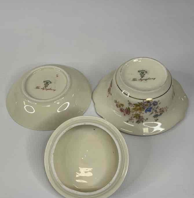 Royal Ivory Symphony porcelain covered bouillon cup and handled saucer with floral sprays and gold trim, view 4