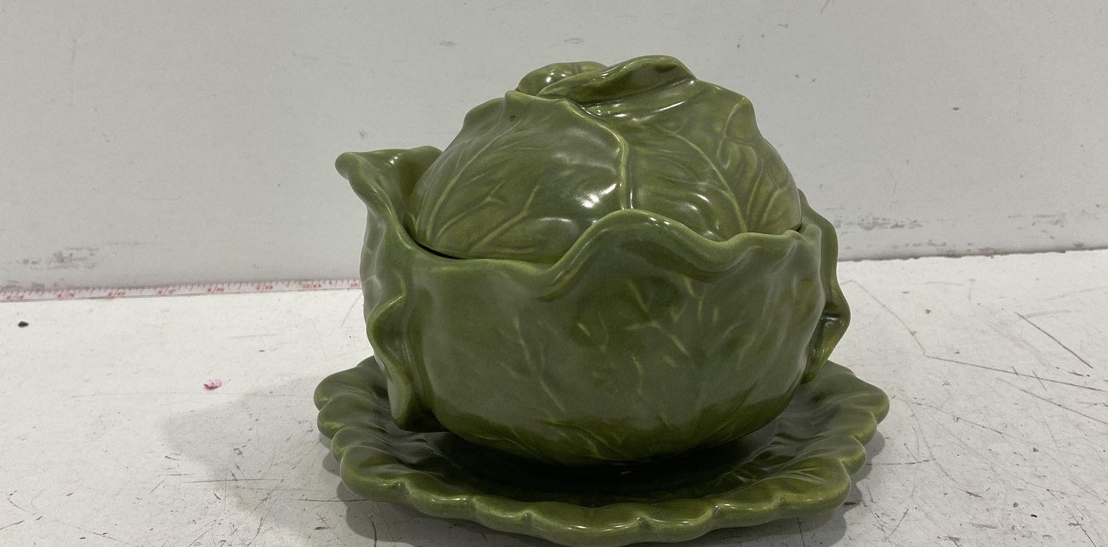 Holland Mold Green Cabbage Soup Tureen with Underplate, Vintage Ceramic Vegetable Serveware