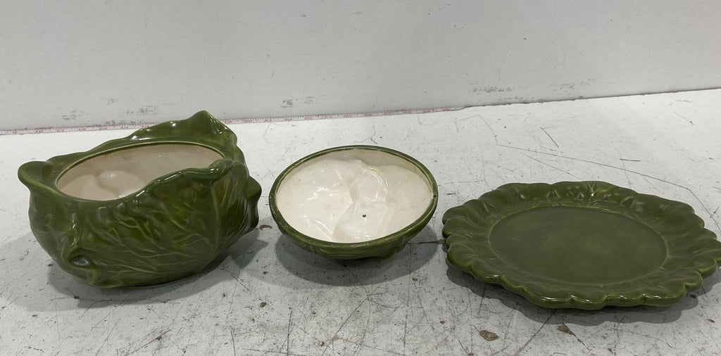 Holland Mold Green Cabbage Soup Tureen with Underplate, Vintage Ceramic Vegetable Serveware