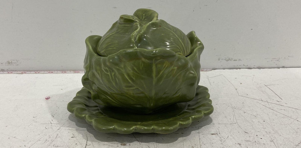 Holland Mold Green Cabbage Soup Tureen with Underplate, Vintage Ceramic Vegetable Serveware