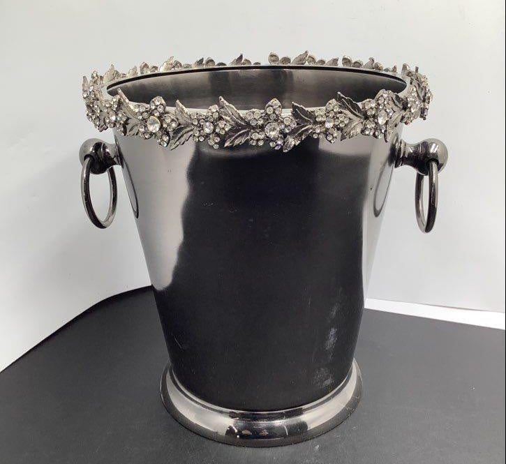 Nicole Miller Home silver-tone champagne bucket with floral rhinestone-style rim and ring handles, view 2