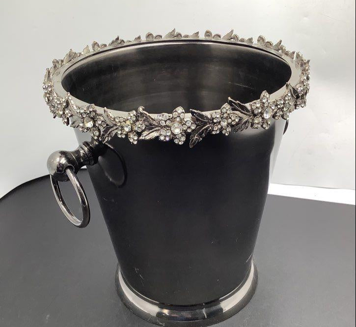 Nicole Miller Home silver-tone champagne bucket with floral rhinestone-style rim and ring handles, view 5