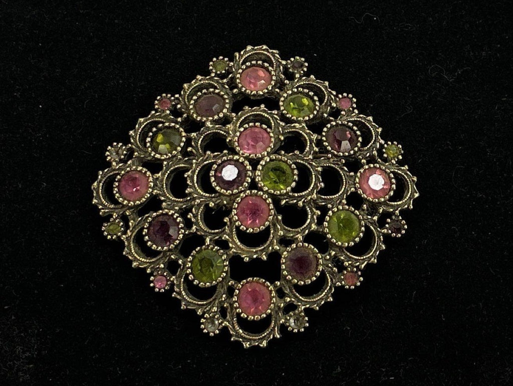 Sarah Coventry Gold Tone Filigree Diamond Brooch with Pink and Green Glass Gems