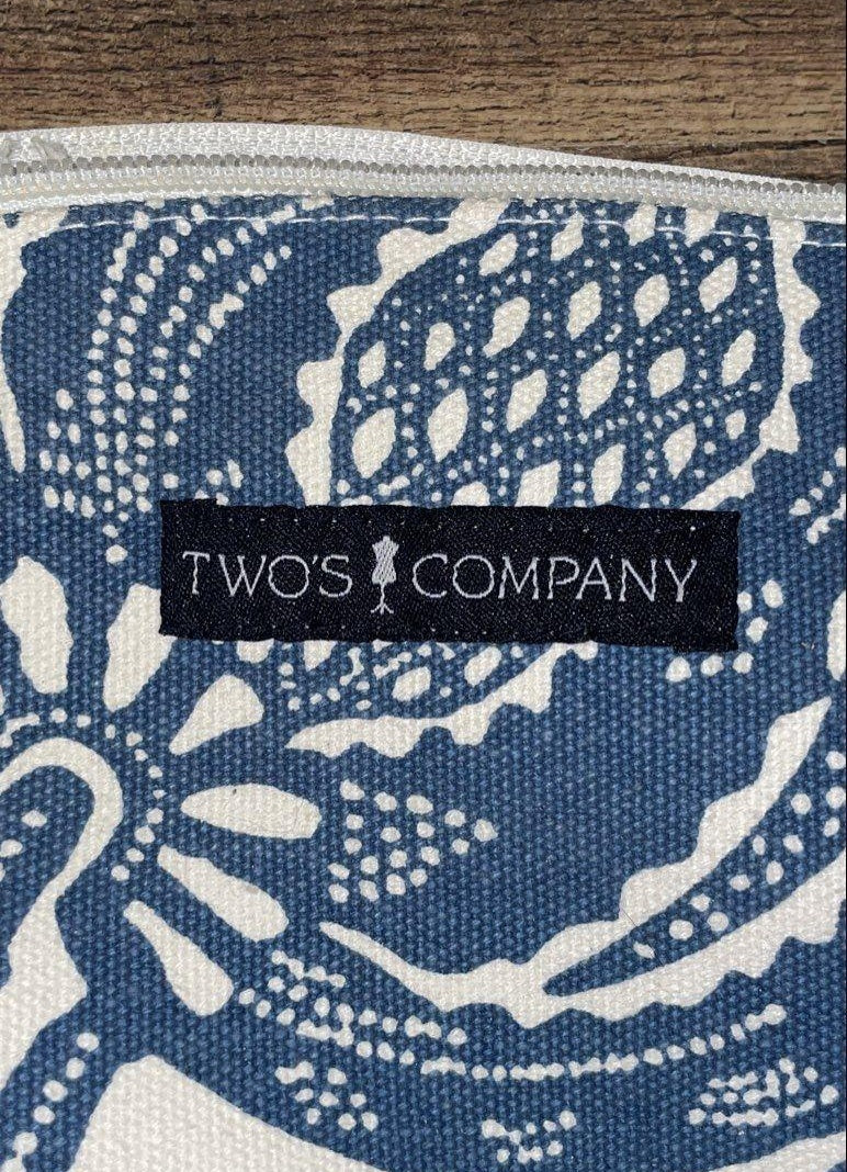 Blue and white floral canvas tote with tan handles and matching pouch, view 4