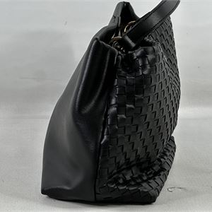 bebe black woven-texture structured satchel with double top handles and logo hardware, view 4