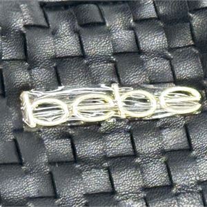 bebe black woven-texture structured satchel with double top handles and logo hardware, view 7