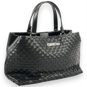 bebe black woven-texture structured satchel with double top handles and logo hardware, view 9