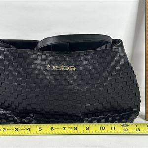 bebe Yara Woven Black Satchel Handbag 14 x 8 x 4 | Structured Logo Carryall