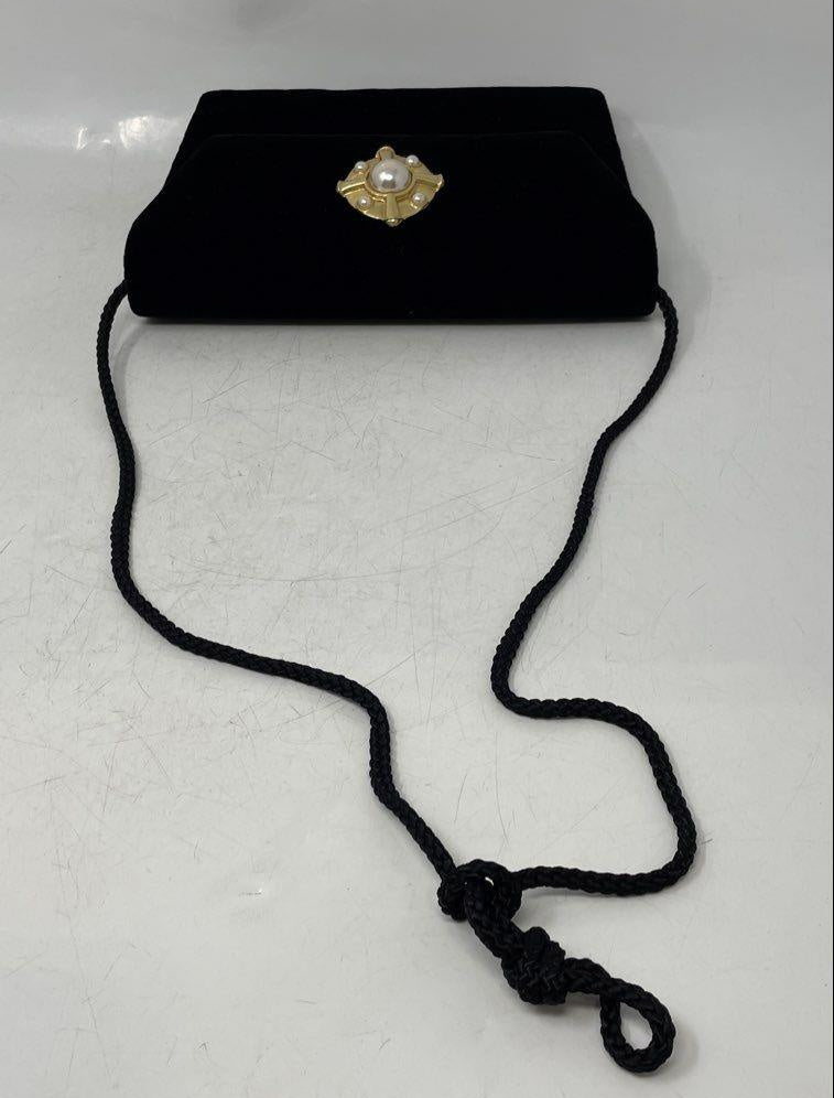 Carolyne Barton black velvet evening clutch with jeweled gold-tone medallion, view 6