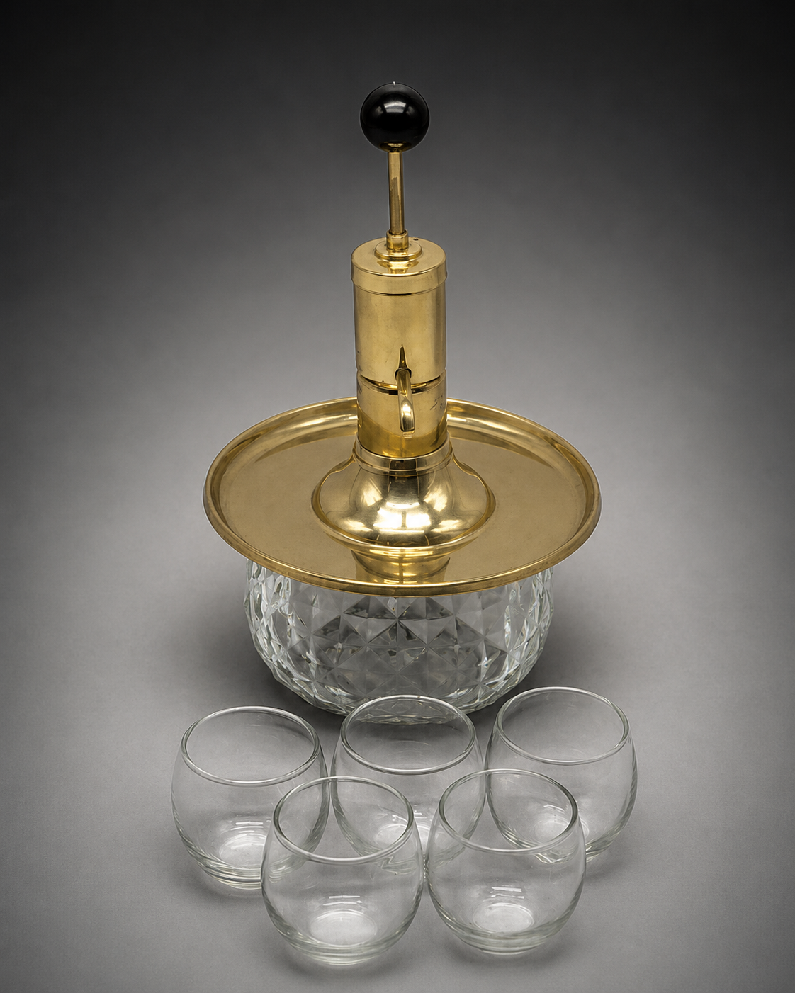 Park Sherman merry-go-round revolving liquor pump decanter set with brass tray and four glasses, view 3