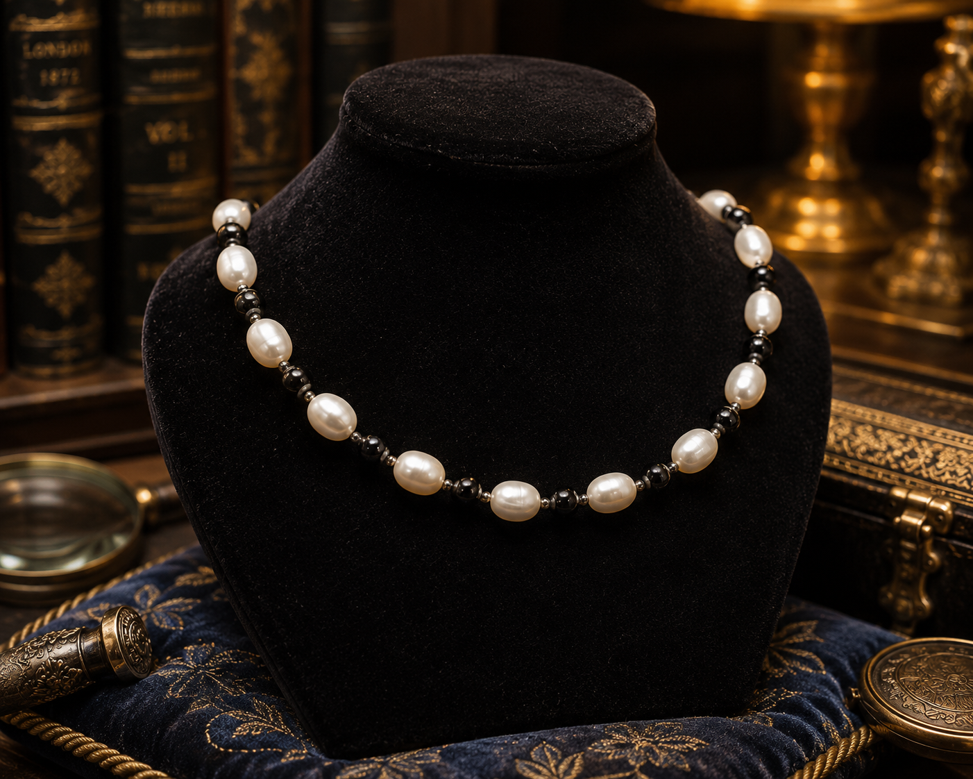 Cream Pearl Style and Black Bead Necklace with Silver Tone Clasp