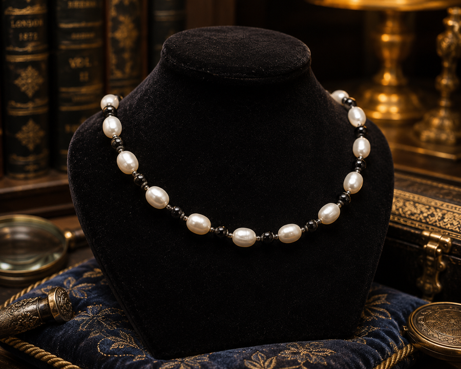 Cream faux pearl and black bead necklace with silver-tone clasp