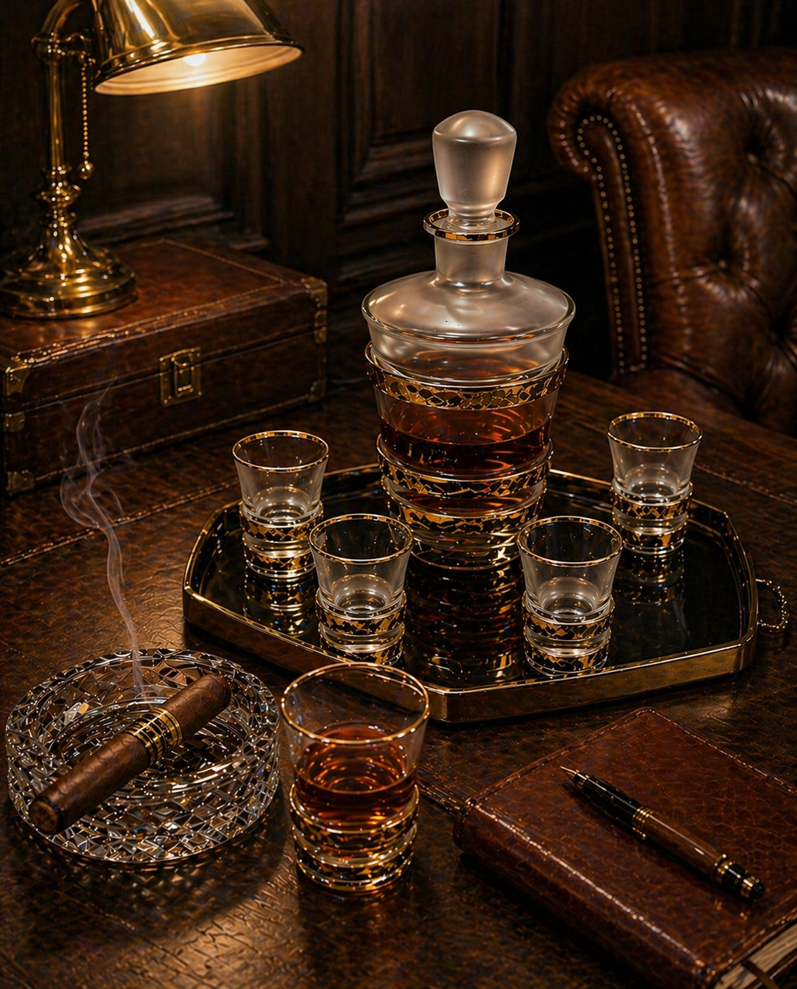 Mid-Century Frosted Glass Decanter and 5 Glasses, Gold Band