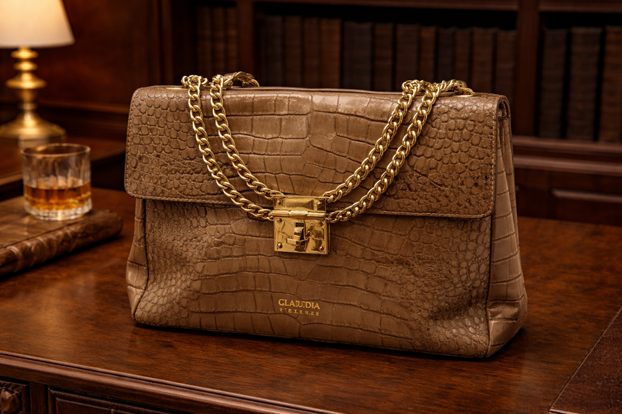 Brown croc-embossed leather flap shoulder bag with gold-tone lock and chain strap