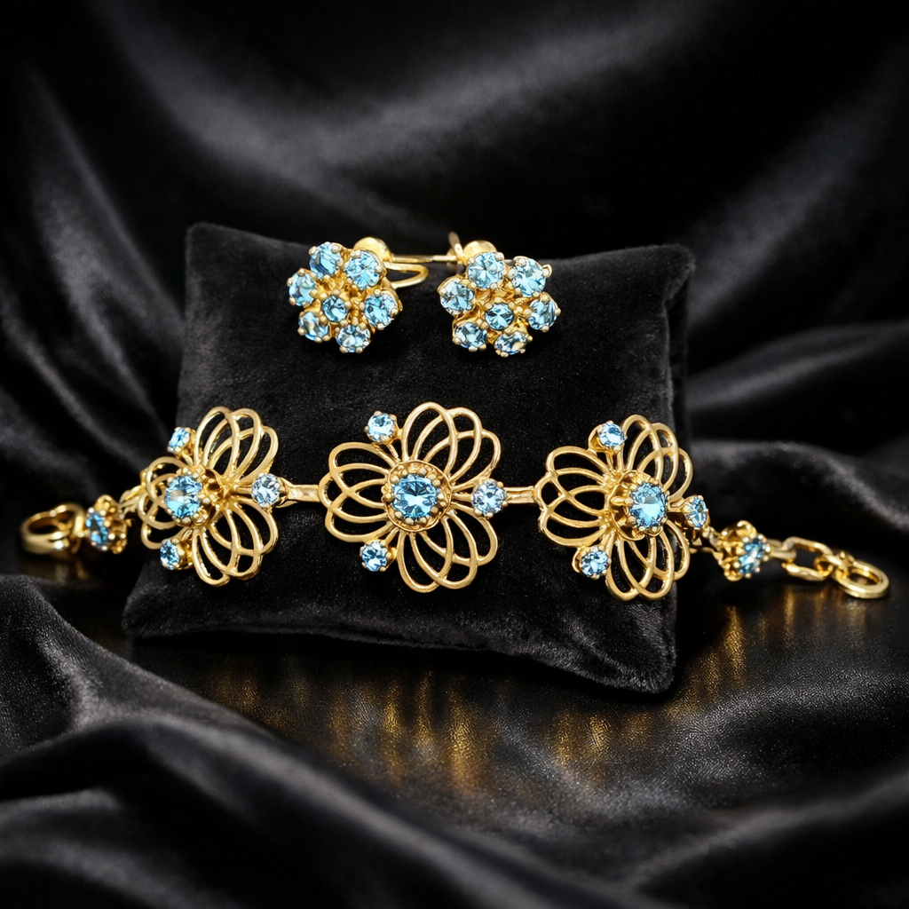 BSK gold-tone bracelet and clip earrings with blue rhinestone flower centers, view 2