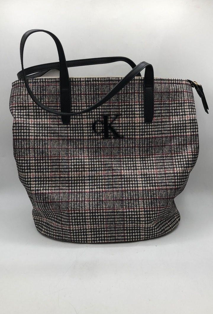 Calvin Klein Black White Red Plaid Tote Bag | Large Structured Everyday Work Carryall