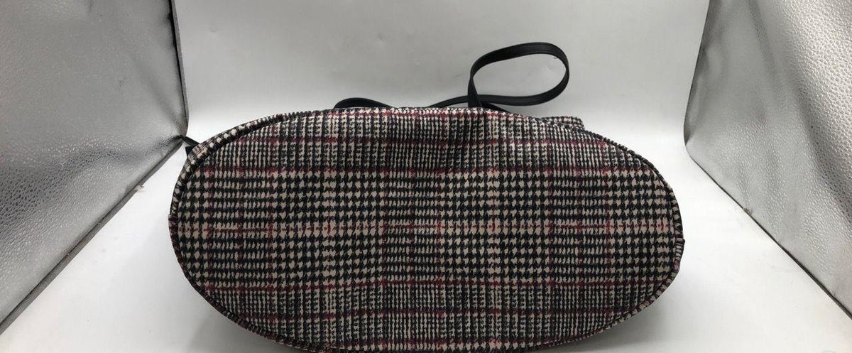Black, white and red plaid tote with black trim and handles, view 6