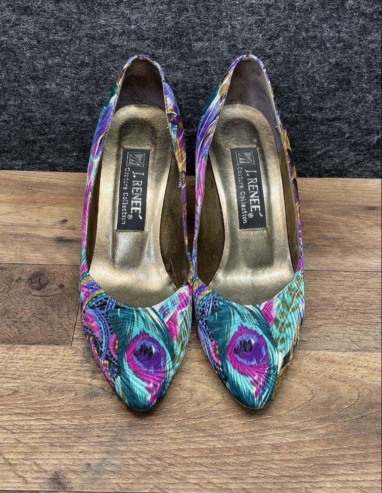 1980s–1990s 90s J. Renee Couture Collection Peacock Print Pointed Toe Pumps Size 7.5