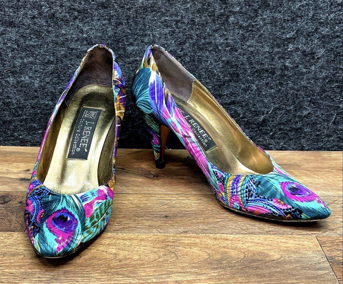 1980s–1990s 90s J. Renee Couture Collection Peacock Print Pointed Toe Pumps Size 7.5