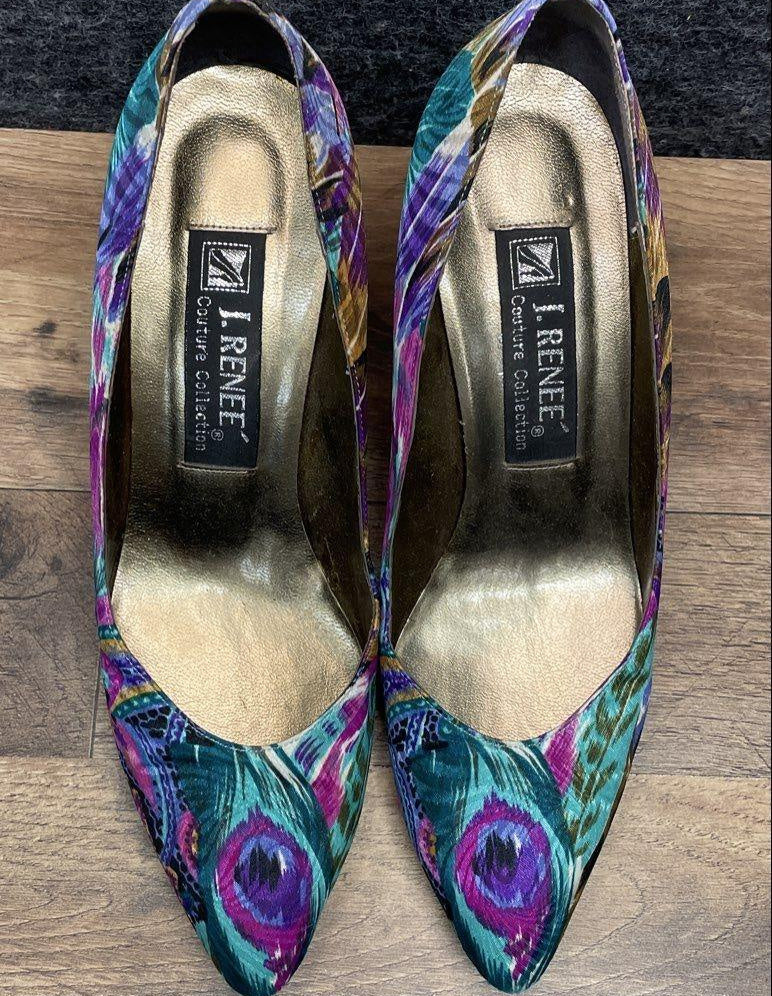 1980s–1990s 90s J. Renee Couture Collection Peacock Print Pointed Toe Pumps Size 7.5