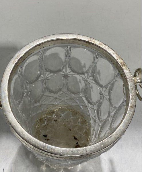 1950s Cut Crystal Ice Bucket Silver-Plated Rim and Ring Handles