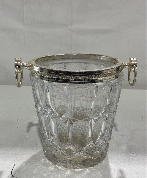 1950s Cut Crystal Ice Bucket Silver-Plated Rim and Ring Handles