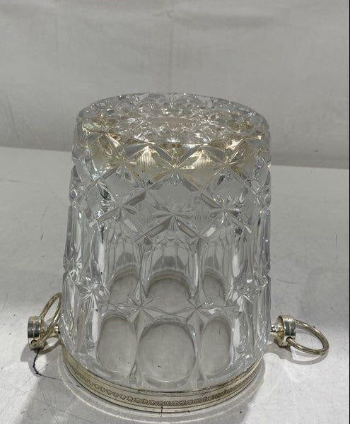 1950s Cut Crystal Ice Bucket Silver-Plated Rim and Ring Handles