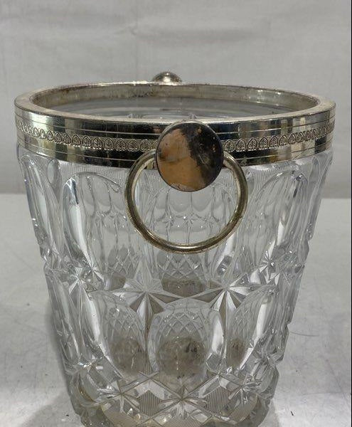 1950s Cut Crystal Ice Bucket Silver-Plated Rim and Ring Handles