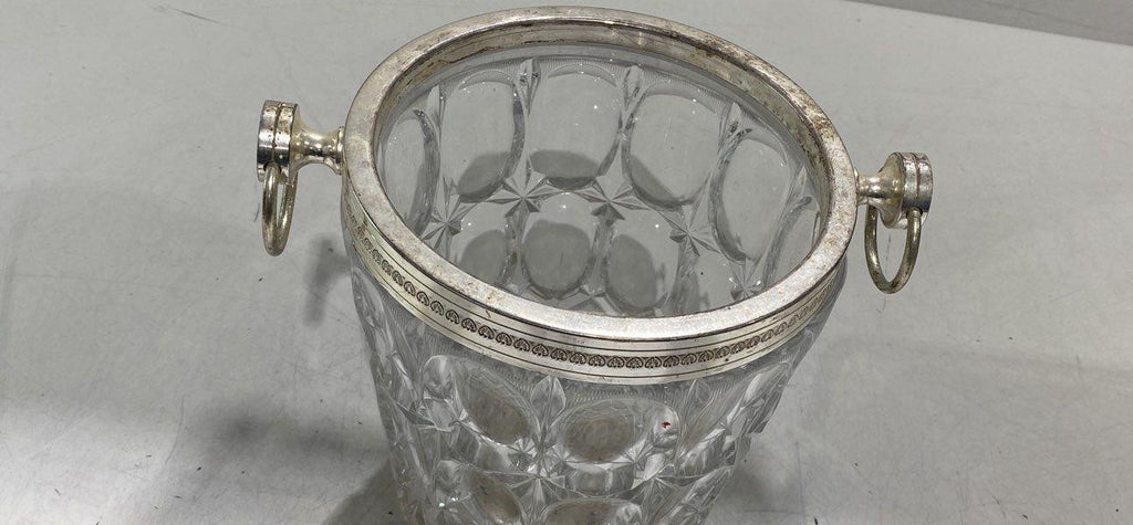1950s Cut Crystal Ice Bucket Silver-Plated Rim and Ring Handles