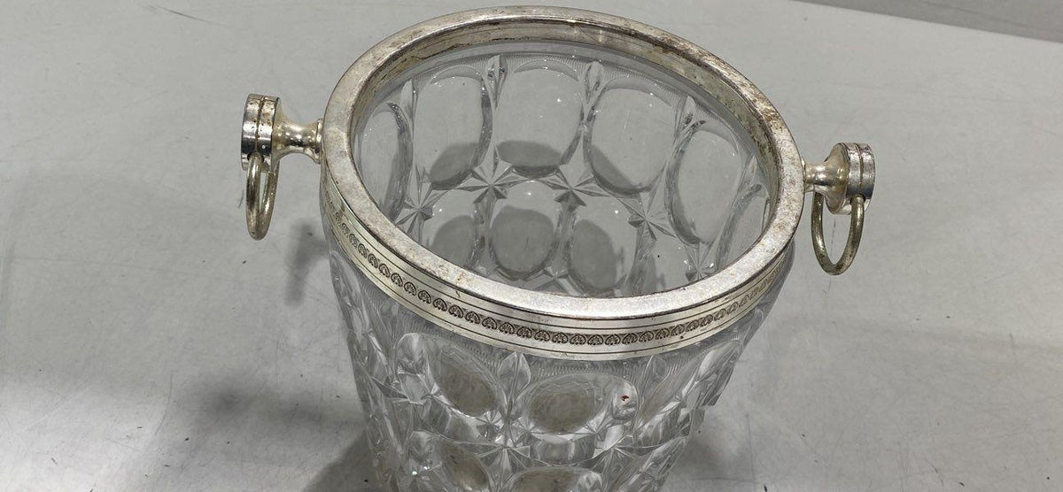 1950s Cut Crystal Ice Bucket Silver-Plated Rim and Ring Handles