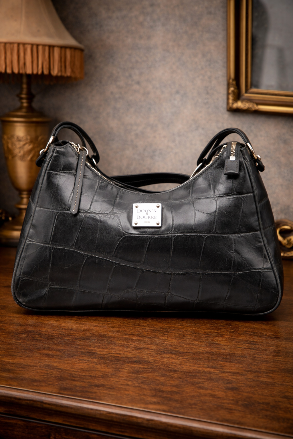 Dooney and Bourke black croc-embossed leather hobo shoulder bag with silver-tone hardware