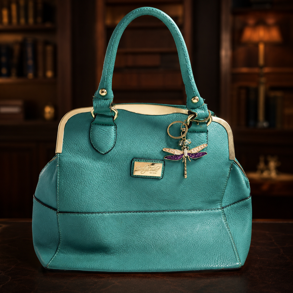 Carolyn Tucker Teal Pebbled Satchel Handbag with Gold Tone Frame and Dragonfly Charm