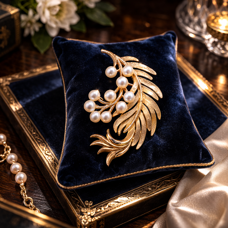 Crown Trifari gold-tone leaf and fern spray brooch with faux pearl cluster