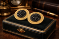 Richard Kerr Gold Tone Black Rhinestone Statement Clip Earrings Large Round Domed Designer Vintage
