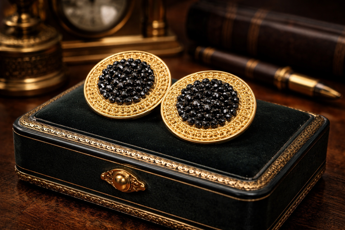 Signed Richard Kerr large round gold-tone clip earrings with black crystal centers