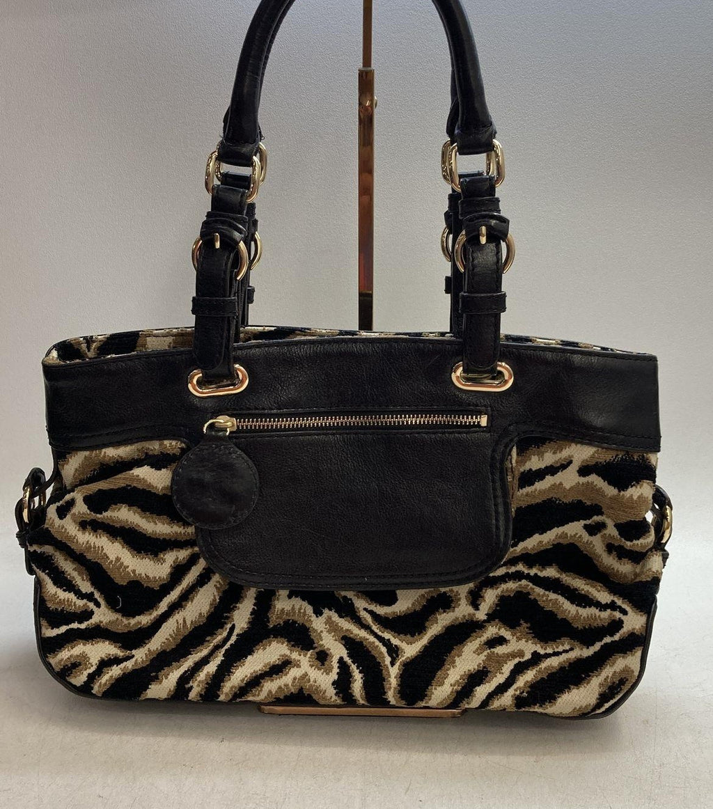 Antonio Melani Black & Tan Animal Print Jacquard Satchel, Leather Trim Shoulder Bag