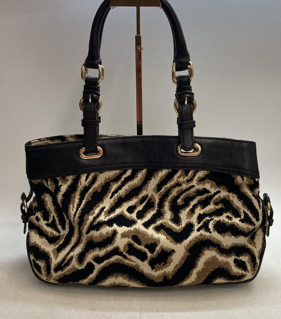 Antonio Melani Black & Tan Animal Print Jacquard Satchel, Leather Trim Shoulder Bag