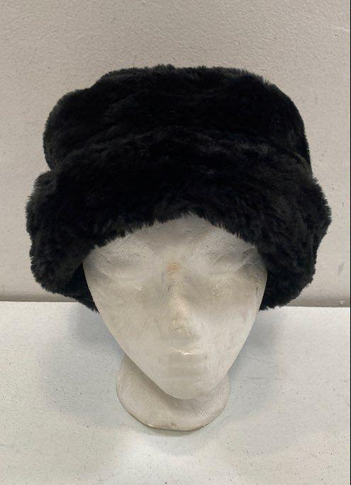 Black plush Cossack style winter hat with fold-over band, view 2
