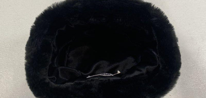 Black plush Cossack style winter hat with fold-over band, view 4