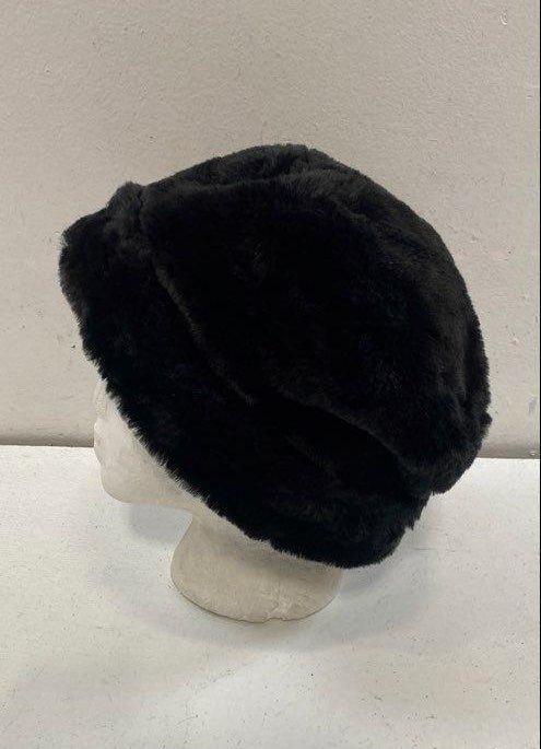 Black plush Cossack style winter hat with fold-over band, view 5