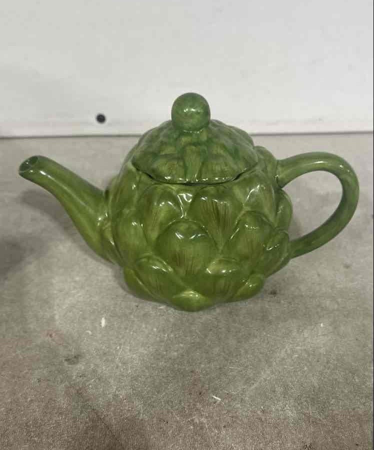 Teleflora Vintage Green Artichoke Teapot with Lid, Glazed Philippines Ceramic Collectible