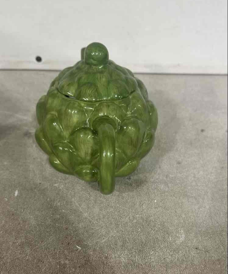 Teleflora Vintage Green Artichoke Teapot with Lid, Glazed Philippines Ceramic Collectible