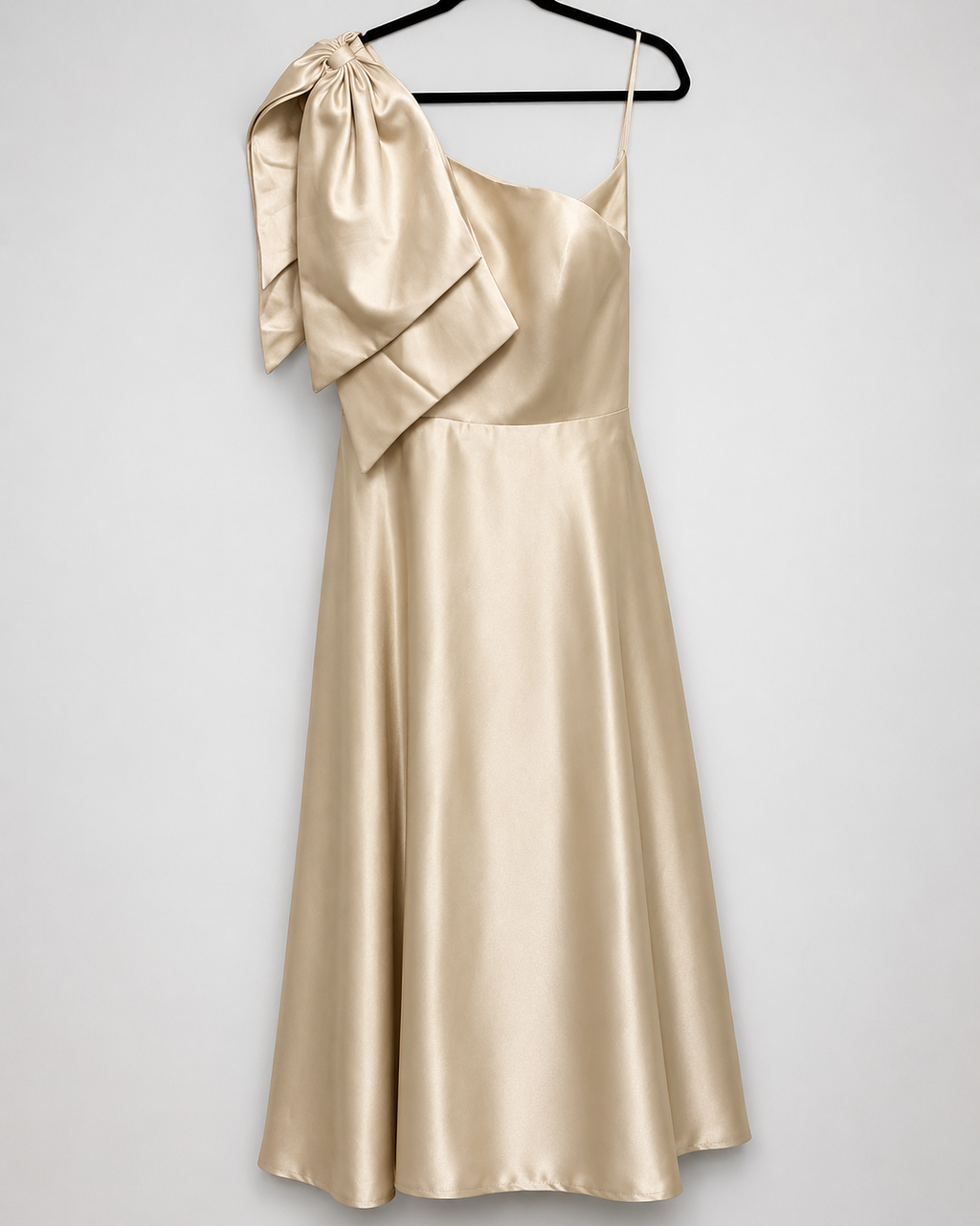 RS Champagne One-Shoulder Formal Gown Size 14 NWT | Satin Bow Evening Dress