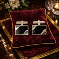 Swank Silver Tone Square Cufflinks Black Inlay Geometric Mid-Century Men’s Jewelry