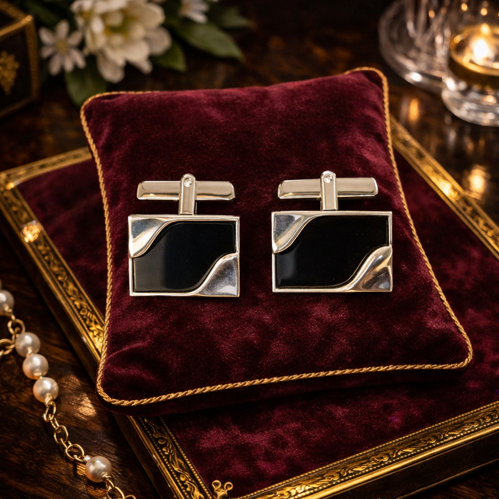 Swank Silver Tone Square Cufflinks Black Inlay Geometric Mid-Century Men’s Jewelry