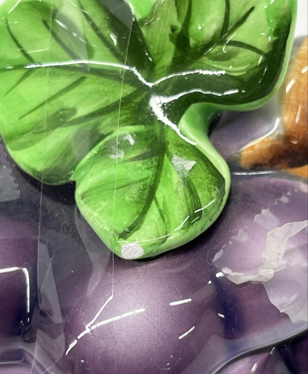 Lefton grape-shaped ceramic jam jar with lid, spoon and leaf underplate, view 5