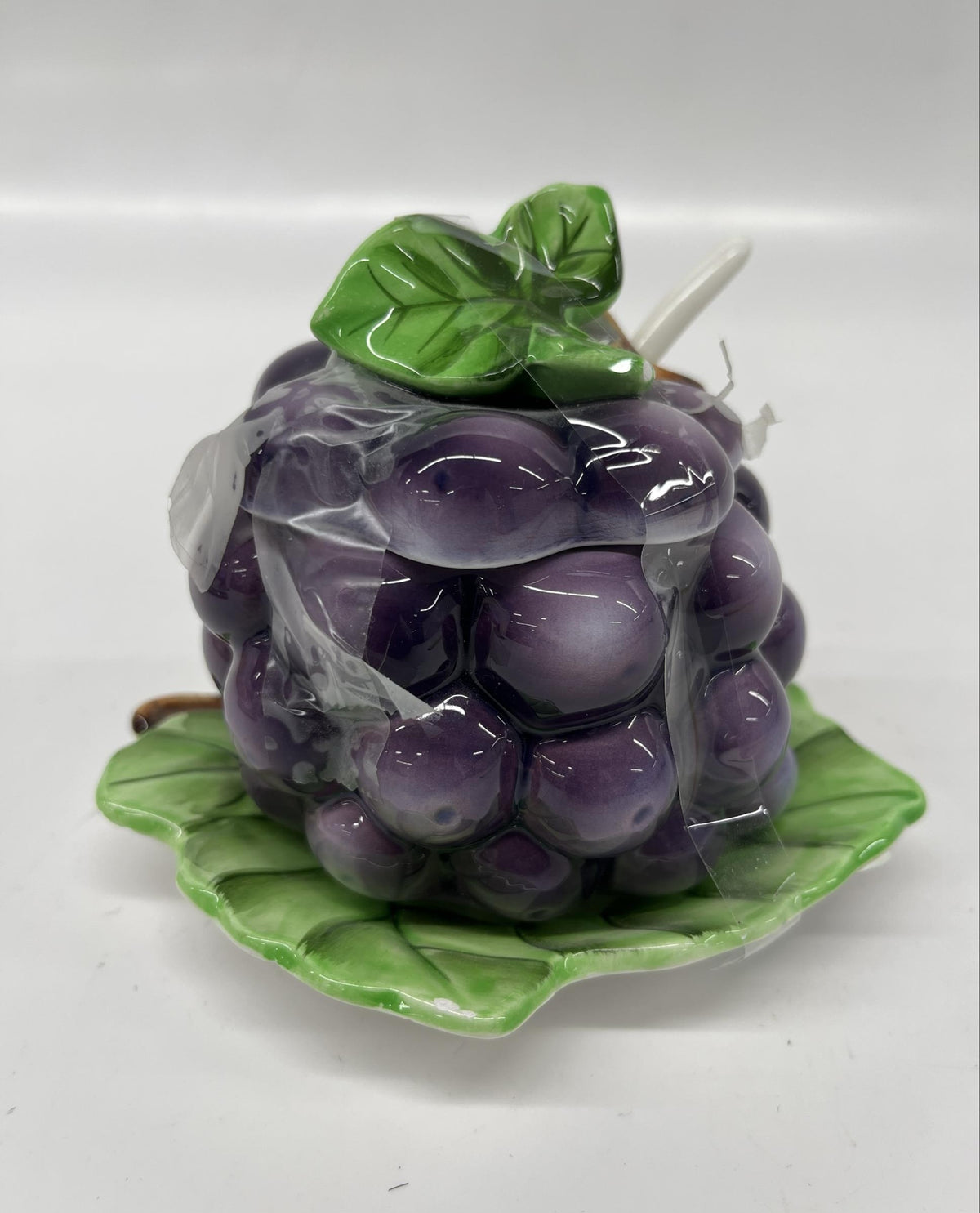Vintage Lefton Grape-Shaped Ceramic Jam Jar with Spoon and Lid