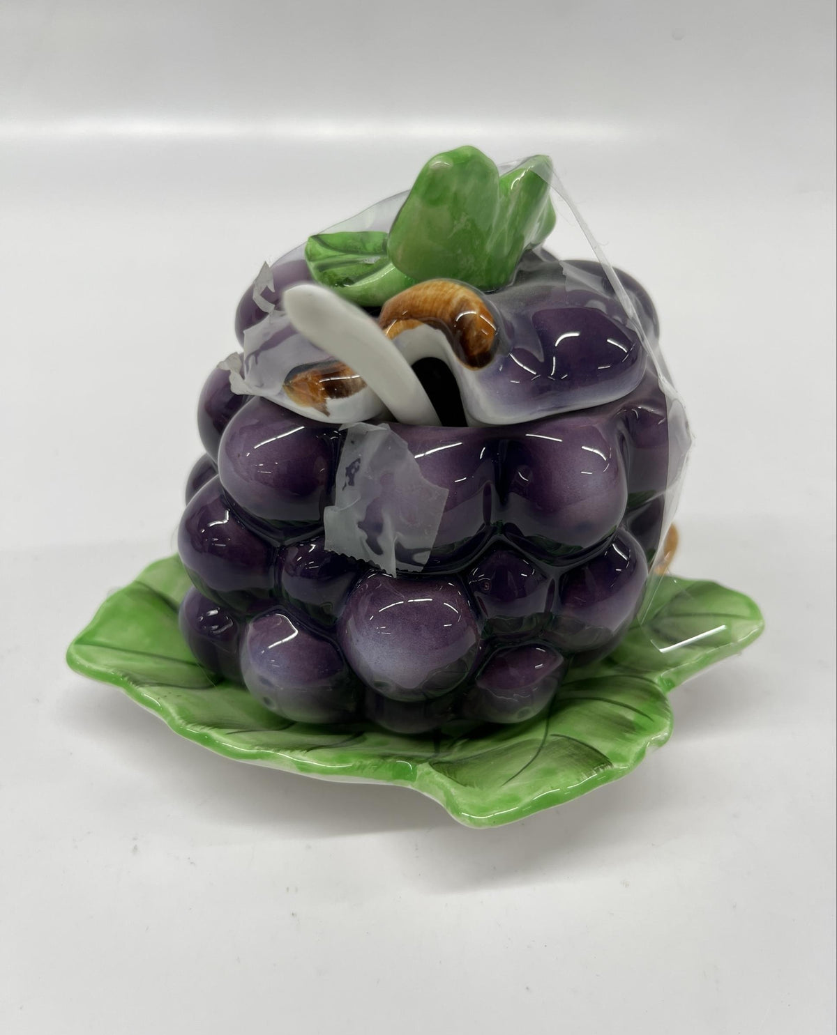 Vintage Lefton Grape-Shaped Ceramic Jam Jar with Spoon and Lid