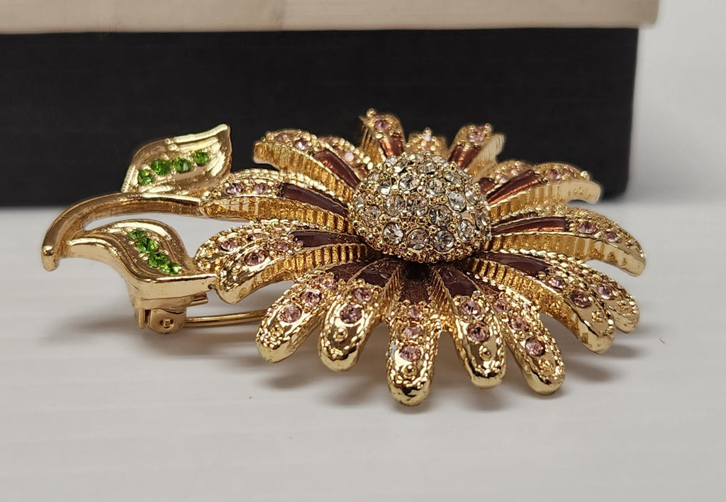 1960s–80s Napier Flower Brooch Pink Rhinestones Green Leaves Gold-Tone 2.5